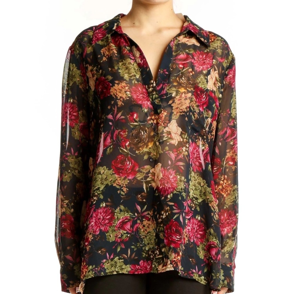 Pleione Women's Popover Blouse Top M Floral Long Sleeve Collar Sheer Romantic - Picture 1 of 11